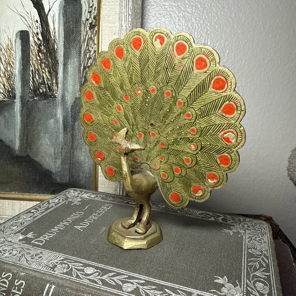 VTG Brass Peacock Figurine Enamel Tail India 4.5” MCM Hollywood Regency Decor - Picture 8 of 8